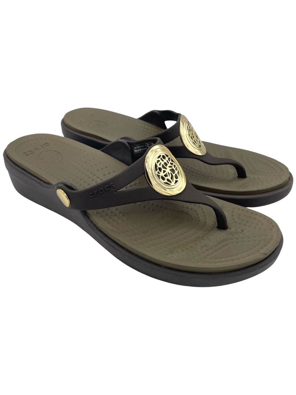 Crocs Sanrah brown gold medallion wedge sandals flip flop slide women's Size 7